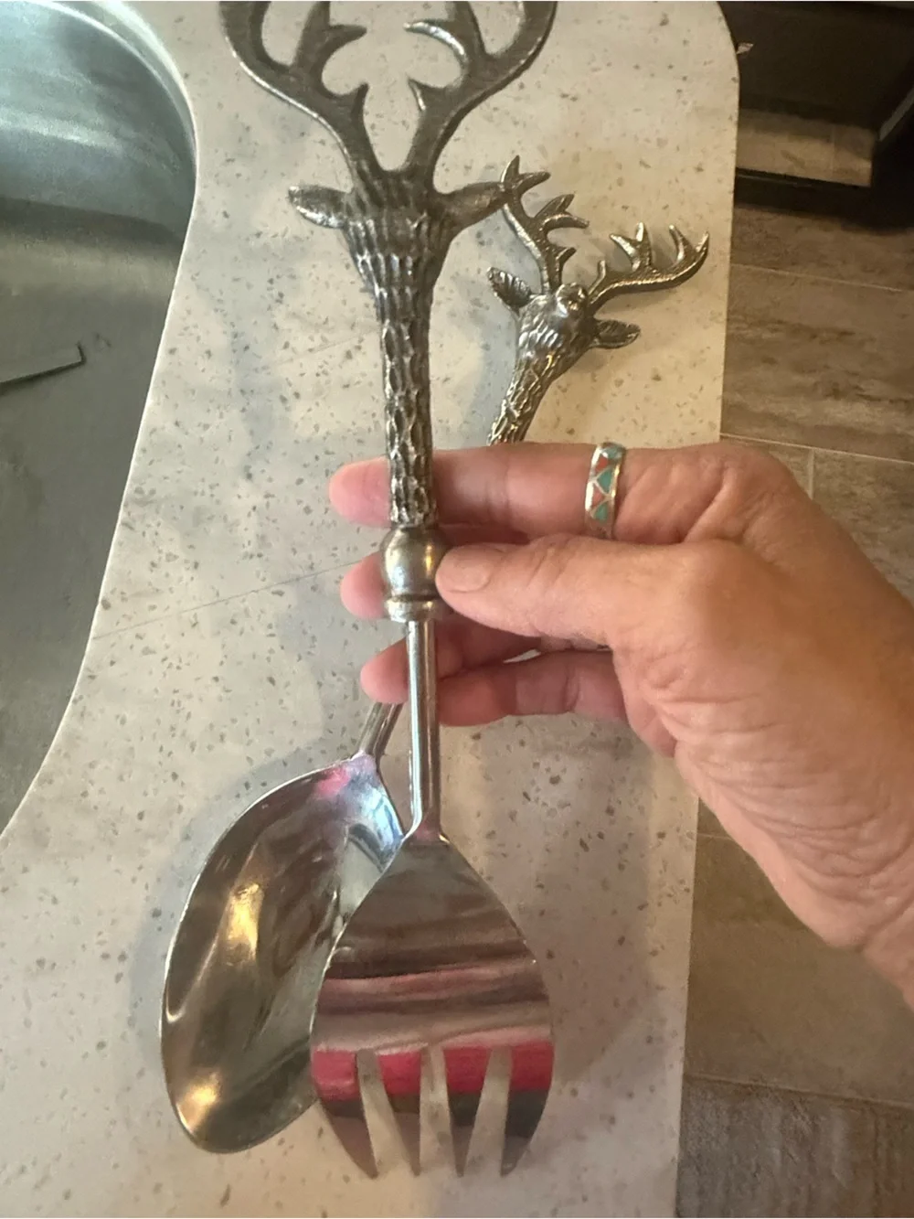 Stag-Handle Silver Salad Serving Set - Elegant Deer Head Design
